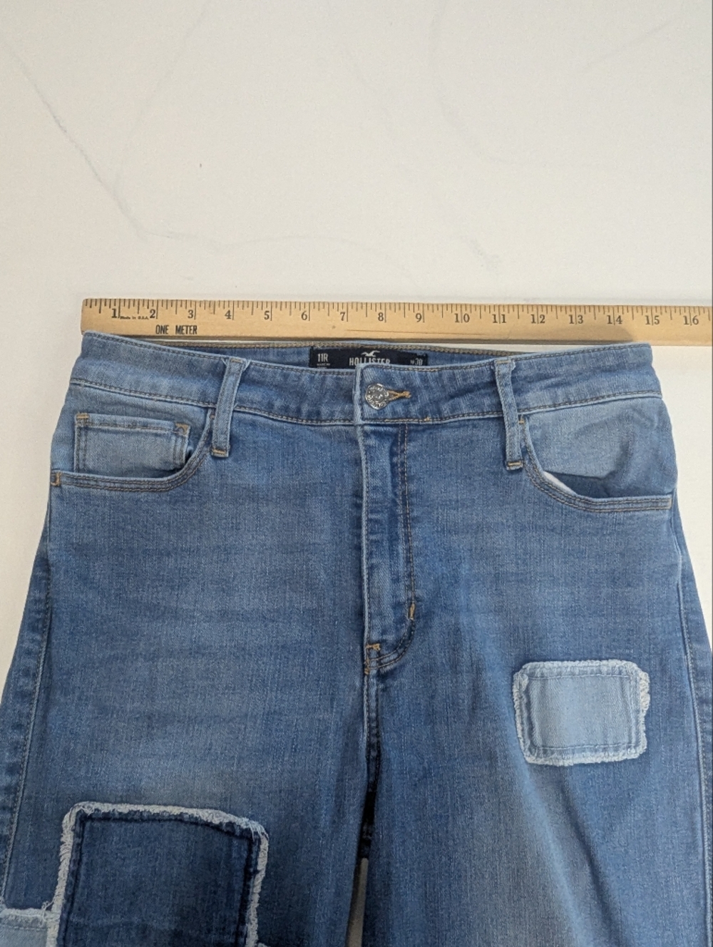 Hollister Patchwork High Rise Flare Raw Hem Soft Stretch Juniors Size 11R 30/31 - Picture 6 of 10